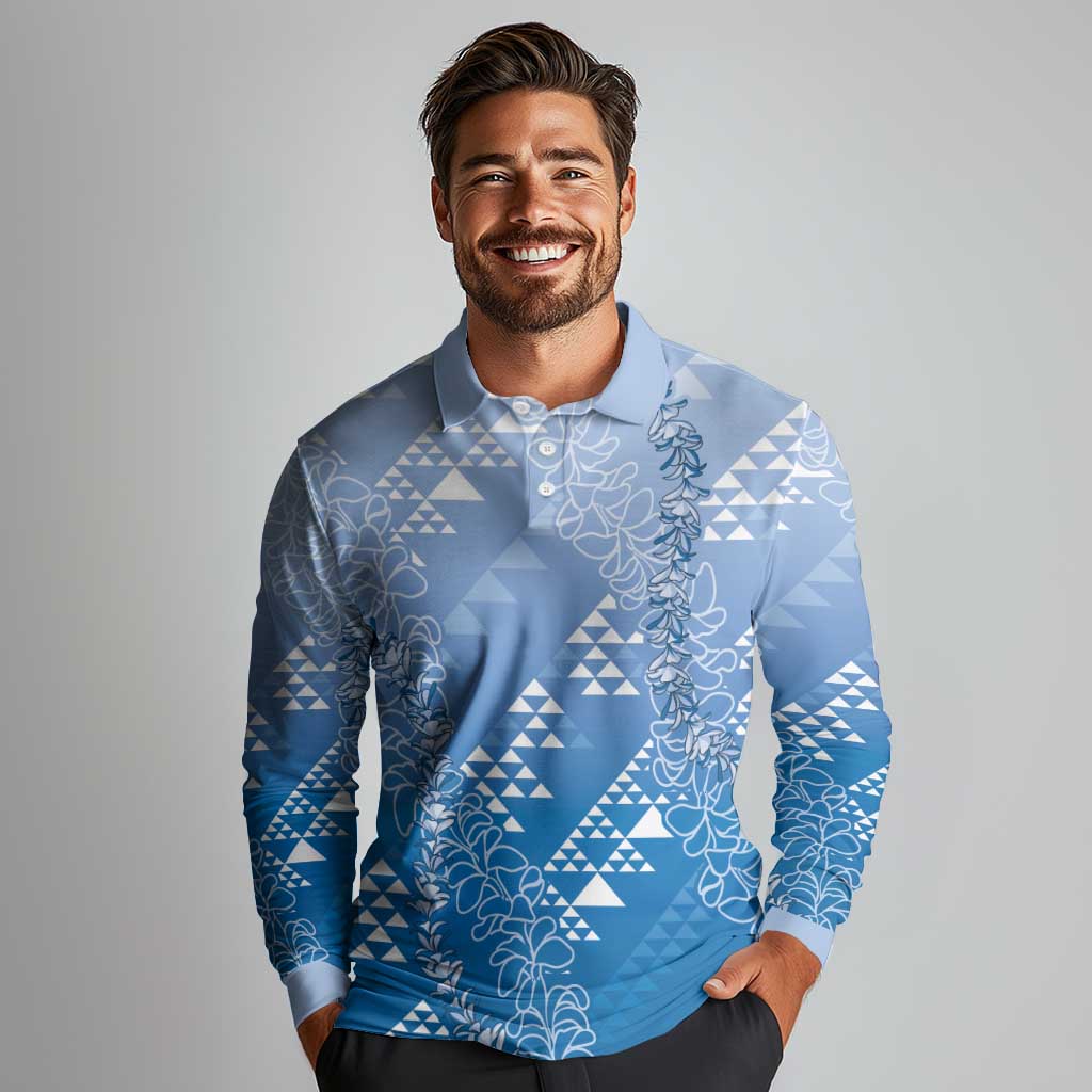 Hawaii Royal Blue Kapa Long Sleeve Polo Shirt Vintage 'Ohe Kāpala Motifs Mix Plumeria Leis