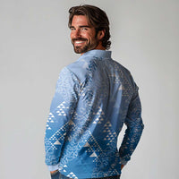 Hawaii Royal Blue Kapa Long Sleeve Polo Shirt Vintage 'Ohe Kāpala Motifs Mix Plumeria Leis