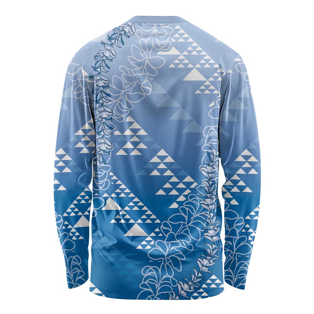 Hawaii Royal Blue Kapa Long Sleeve Shirt Vintage 'Ohe Kāpala Motifs Mix Plumeria Leis