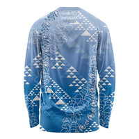 Hawaii Royal Blue Kapa Long Sleeve Shirt Vintage 'Ohe Kāpala Motifs Mix Plumeria Leis