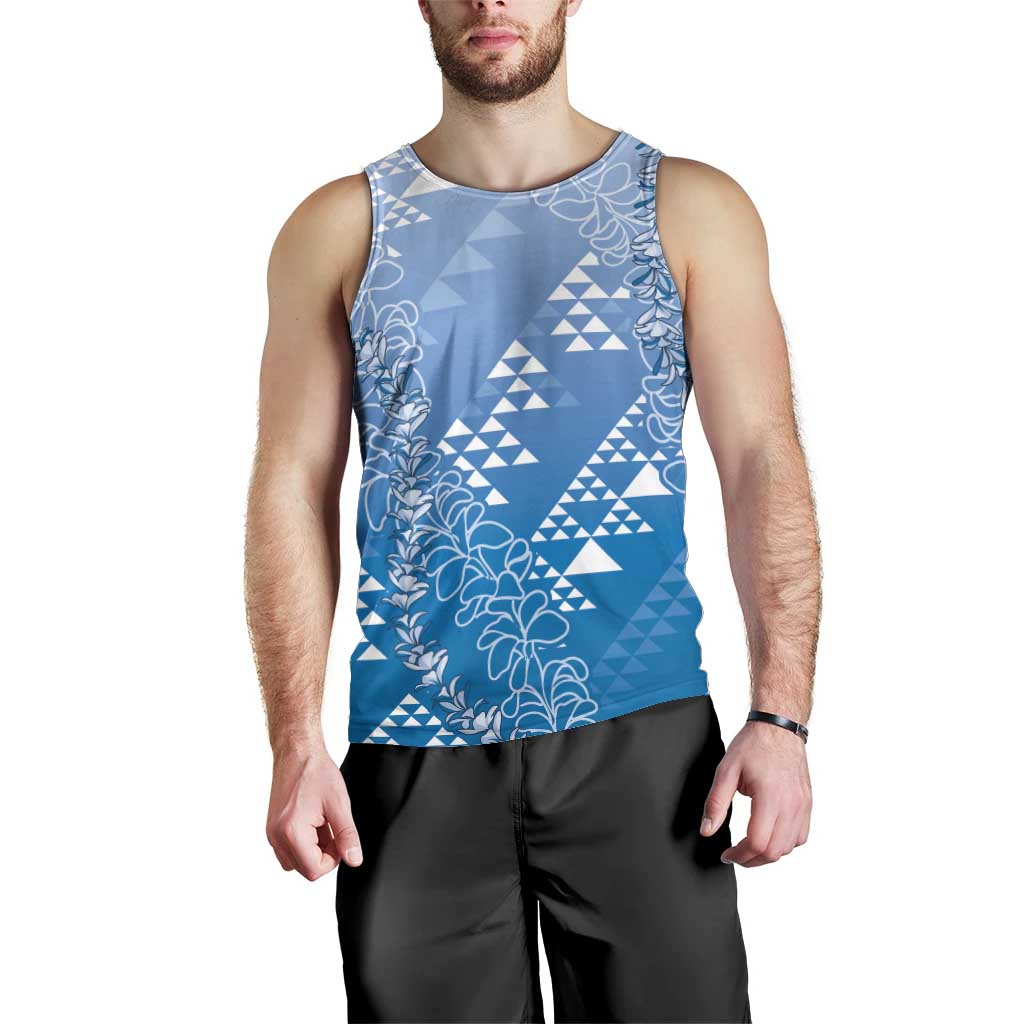 Hawaii Royal Blue Kapa Men Tank Top Vintage 'Ohe Kāpala Motifs Mix Plumeria Leis
