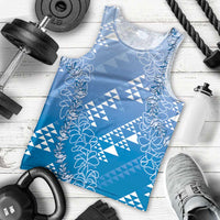 Hawaii Royal Blue Kapa Men Tank Top Vintage 'Ohe Kāpala Motifs Mix Plumeria Leis