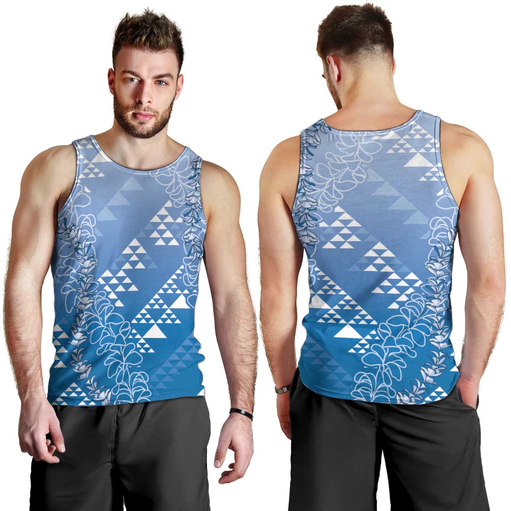 Hawaii Royal Blue Kapa Men Tank Top Vintage 'Ohe Kāpala Motifs Mix Plumeria Leis