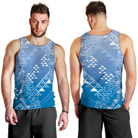Hawaii Royal Blue Kapa Men Tank Top Vintage 'Ohe Kāpala Motifs Mix Plumeria Leis