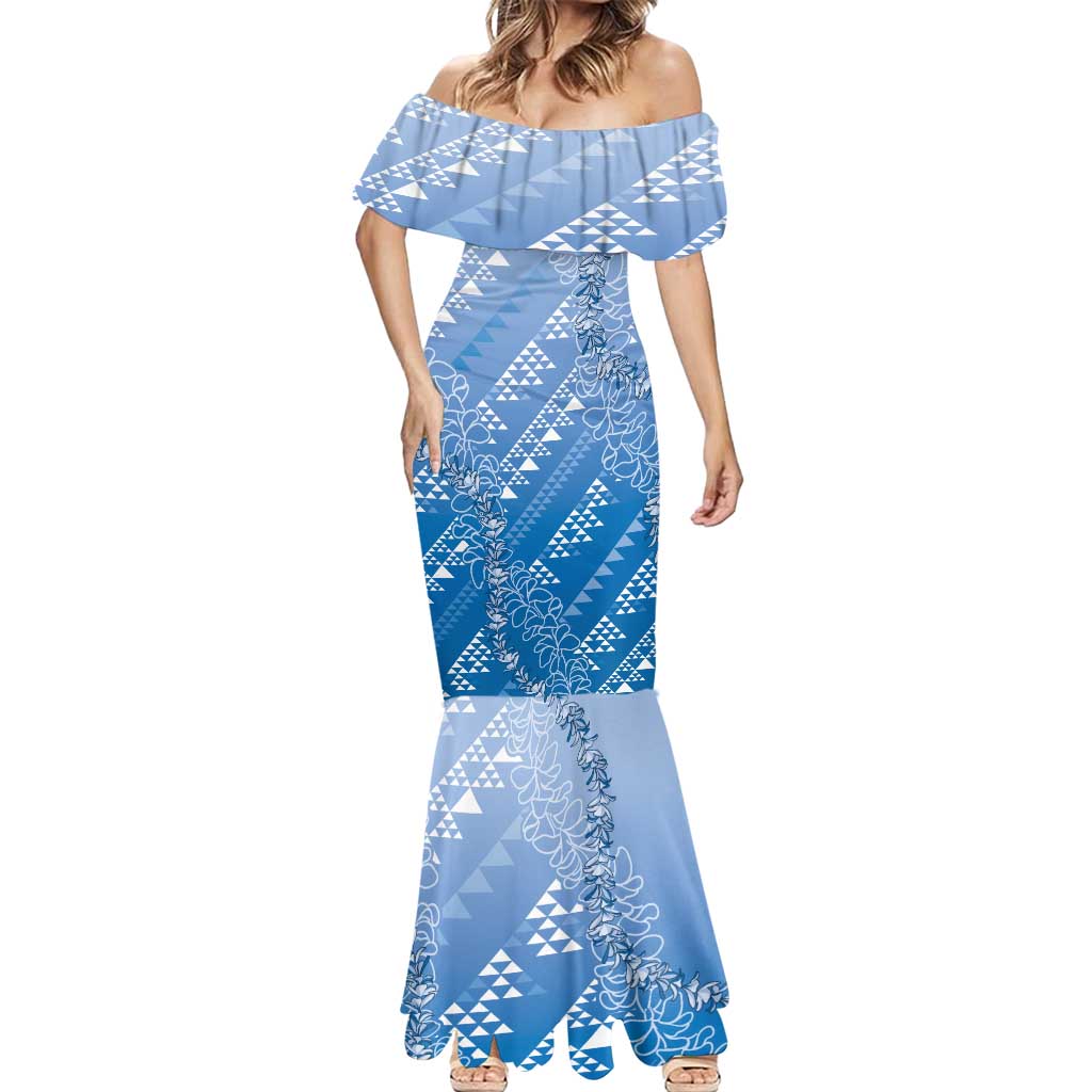 Hawaii Royal Blue Kapa Mermaid Dress Vintage 'Ohe Kāpala Motifs Mix Plumeria Leis