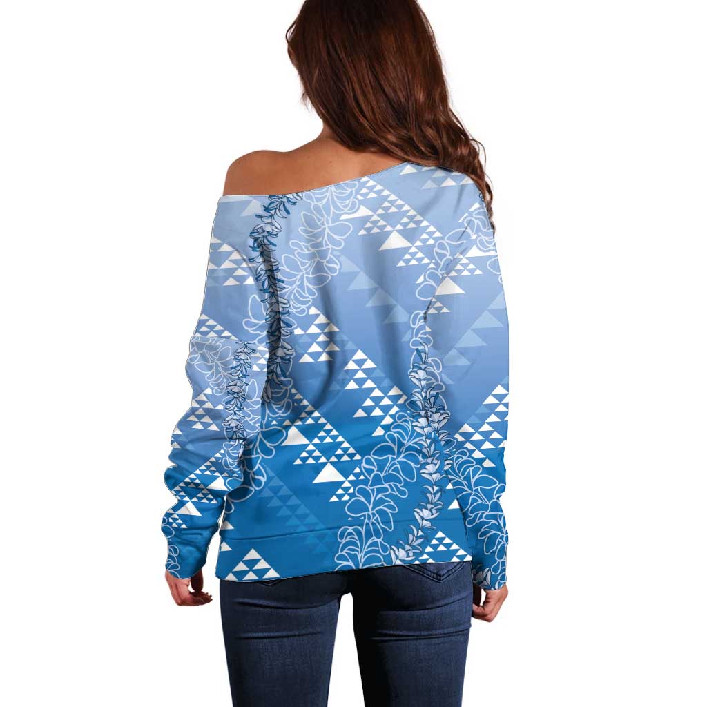 Hawaii Royal Blue Kapa Off Shoulder Sweater Vintage 'Ohe Kāpala Motifs Mix Plumeria Leis