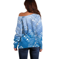 Hawaii Royal Blue Kapa Off Shoulder Sweater Vintage 'Ohe Kāpala Motifs Mix Plumeria Leis