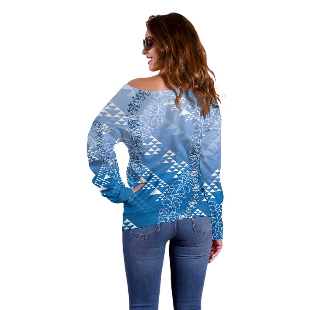 Hawaii Royal Blue Kapa Off Shoulder Sweater Vintage 'Ohe Kāpala Motifs Mix Plumeria Leis