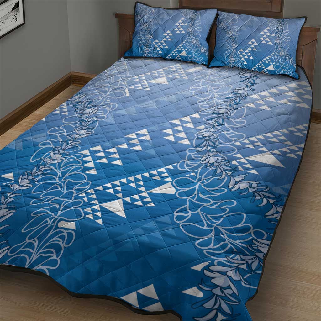 Hawaii Royal Blue Kapa Quilt Bed Set Vintage 'Ohe Kāpala Motifs Mix Plumeria Leis