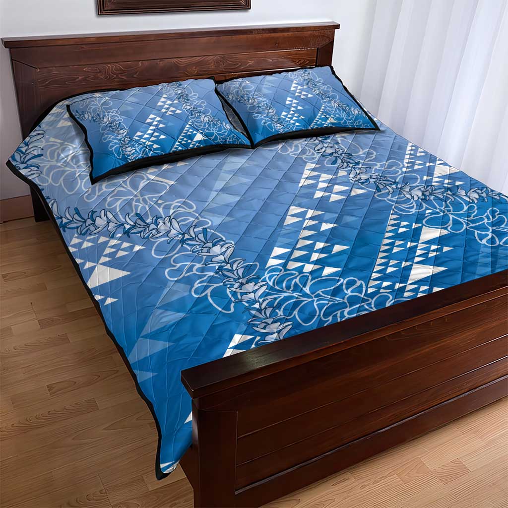 Hawaii Royal Blue Kapa Quilt Bed Set Vintage 'Ohe Kāpala Motifs Mix Plumeria Leis