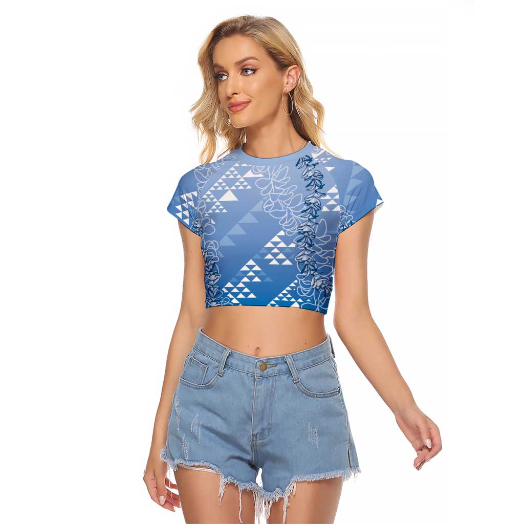 Hawaii Royal Blue Kapa Raglan Cropped T Shirt Vintage 'Ohe Kāpala Motifs Mix Plumeria Leis