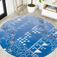 Hawaii Royal Blue Kapa Round Carpet Vintage 'Ohe Kāpala Motifs Mix Plumeria Leis