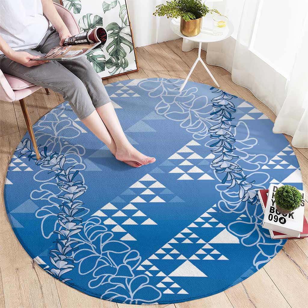 Hawaii Royal Blue Kapa Round Carpet Vintage 'Ohe Kāpala Motifs Mix Plumeria Leis