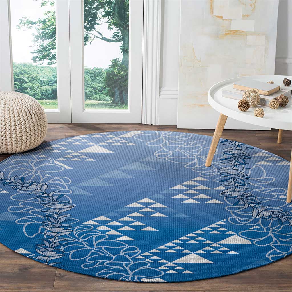 Hawaii Royal Blue Kapa Round Carpet Vintage 'Ohe Kāpala Motifs Mix Plumeria Leis