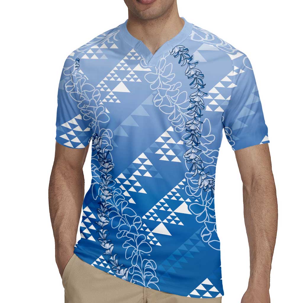 Hawaii Royal Blue Kapa Rugby Jersey Vintage 'Ohe Kāpala Motifs Mix Plumeria Leis