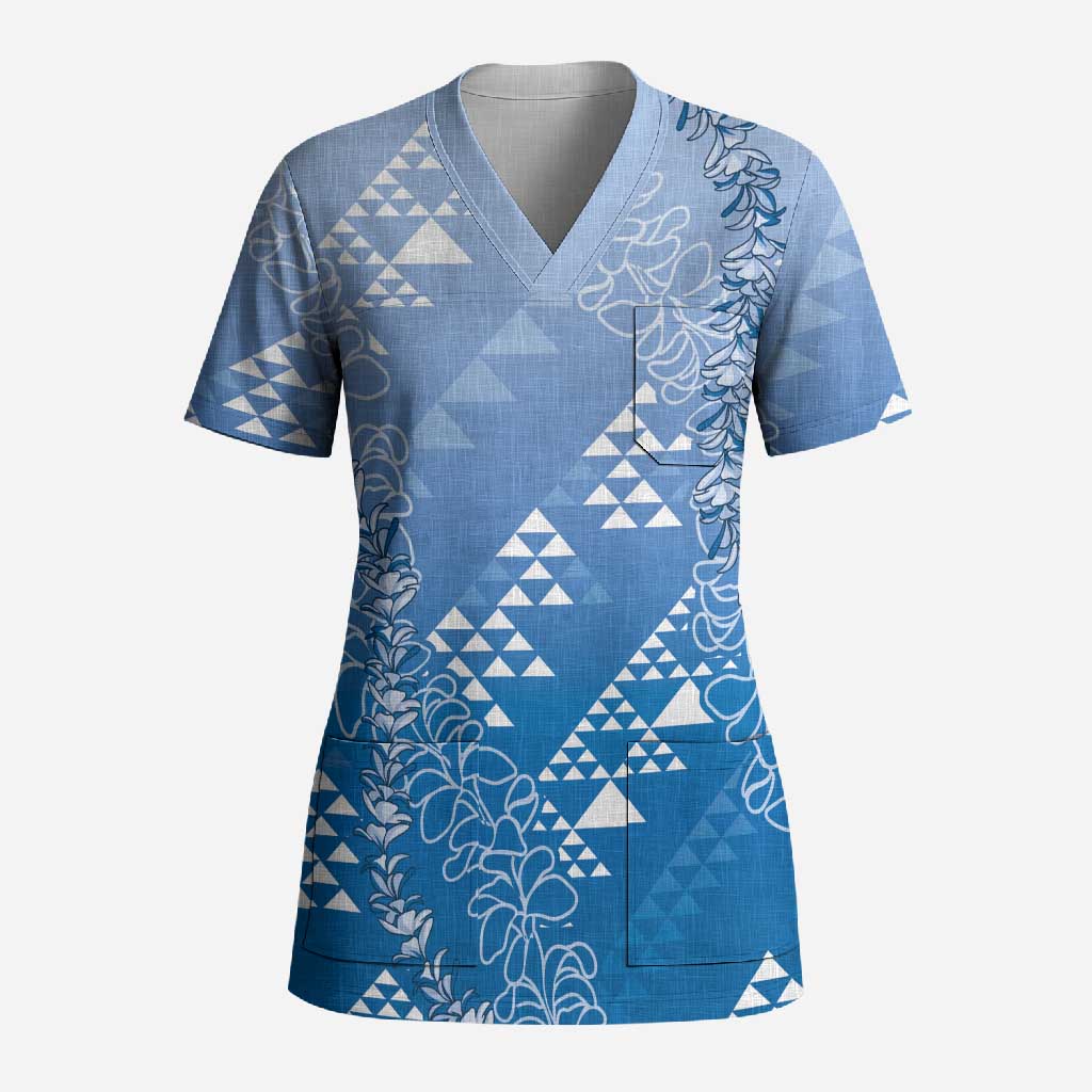 Hawaii Royal Blue Kapa Scrub Top Vintage 'Ohe Kāpala Motifs Mix Plumeria Leis