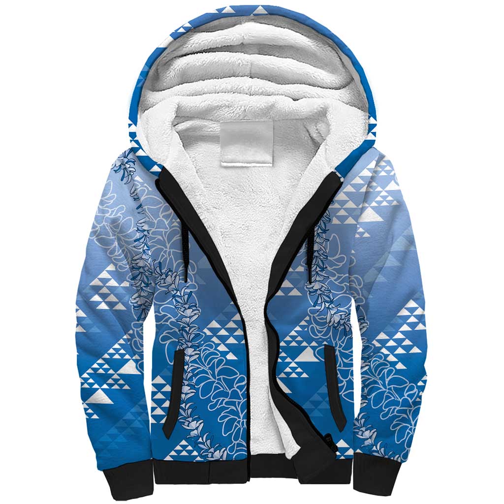 Hawaii Royal Blue Kapa Sherpa Hoodie Vintage 'Ohe Kāpala Motifs Mix Plumeria Leis