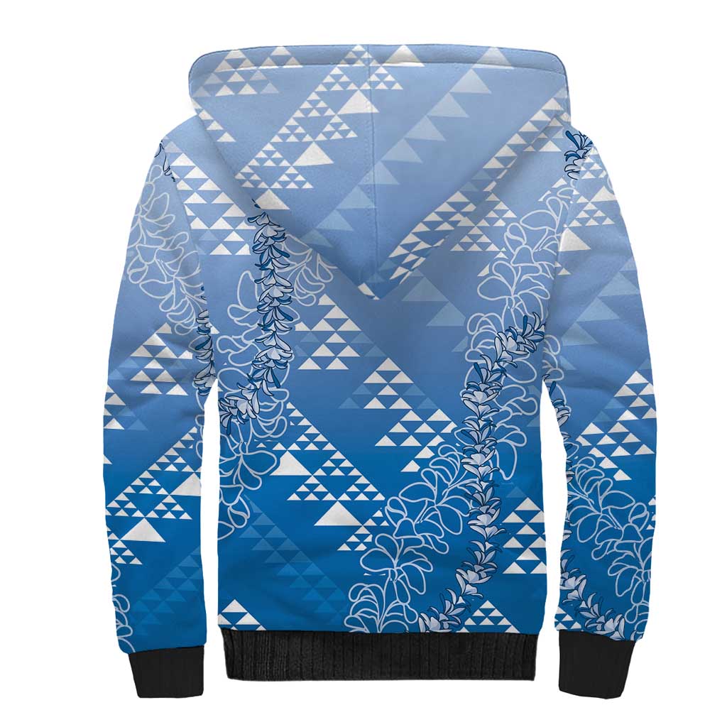 Hawaii Royal Blue Kapa Sherpa Hoodie Vintage 'Ohe Kāpala Motifs Mix Plumeria Leis