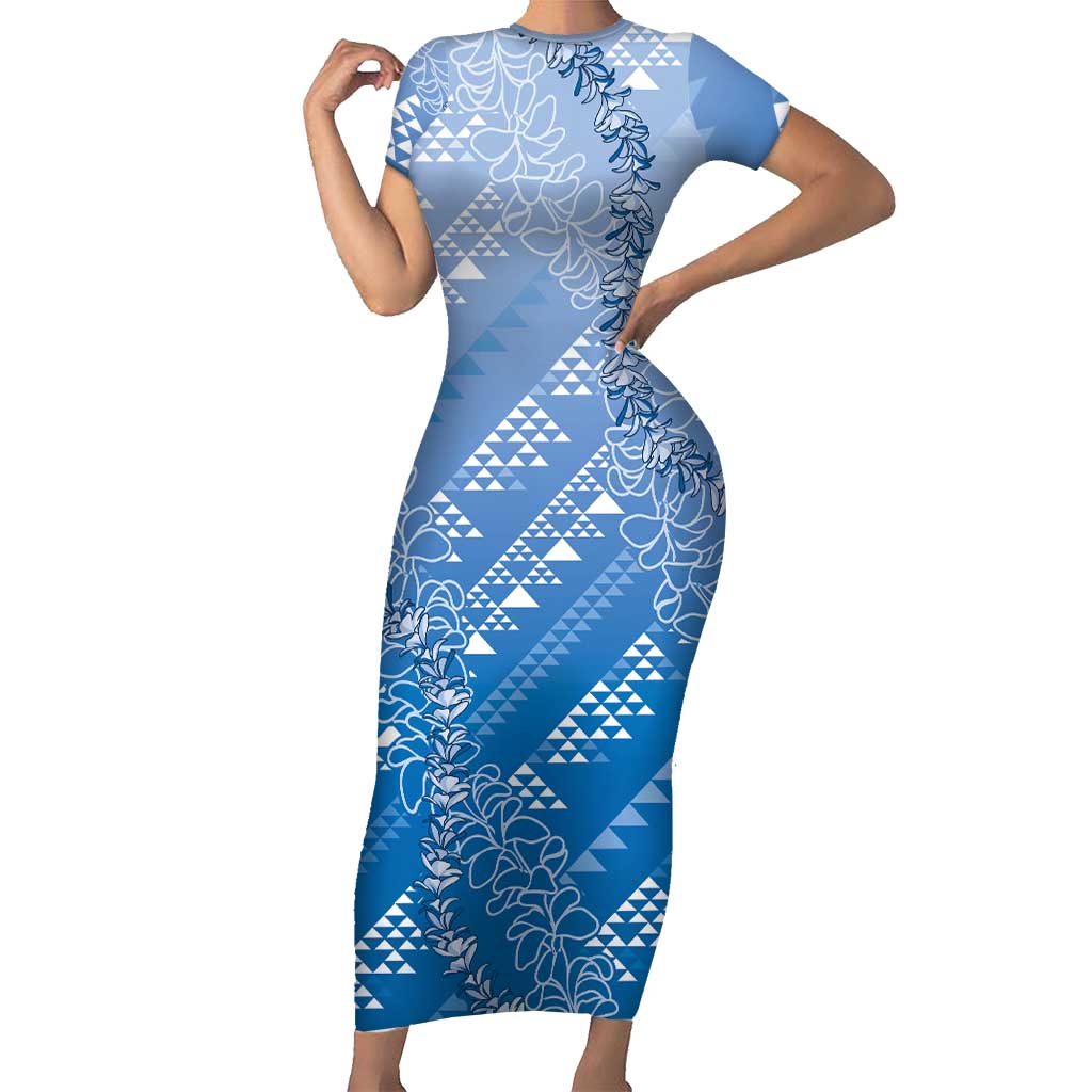 Hawaii Royal Blue Kapa Short Sleeve Bodycon Dress Vintage 'Ohe Kāpala Motifs Mix Plumeria Leis
