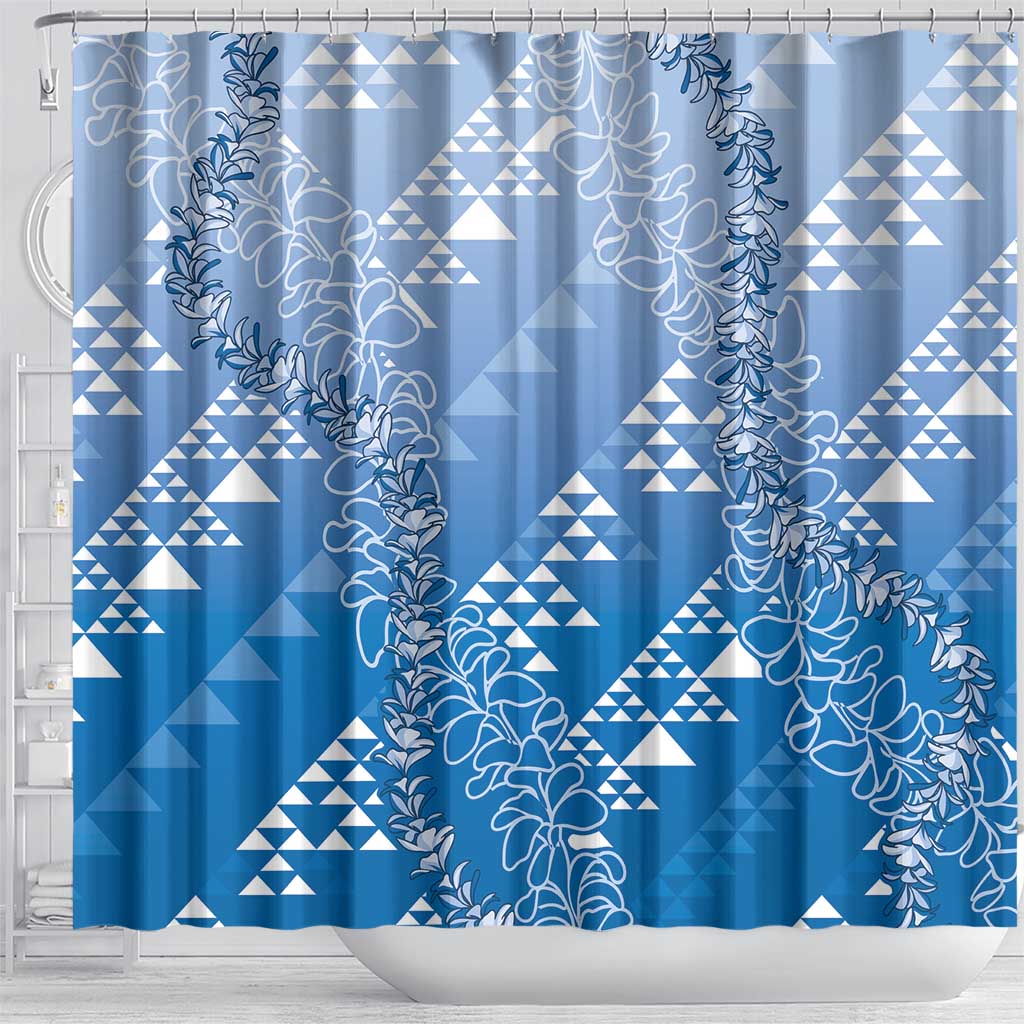 Hawaii Royal Blue Kapa Shower Curtain Vintage 'Ohe Kāpala Motifs Mix Plumeria Leis