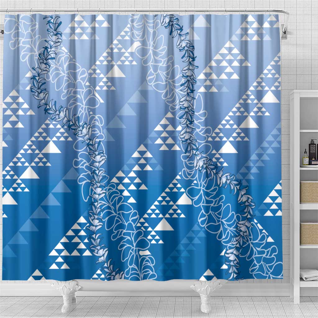 Hawaii Royal Blue Kapa Shower Curtain Vintage 'Ohe Kāpala Motifs Mix Plumeria Leis