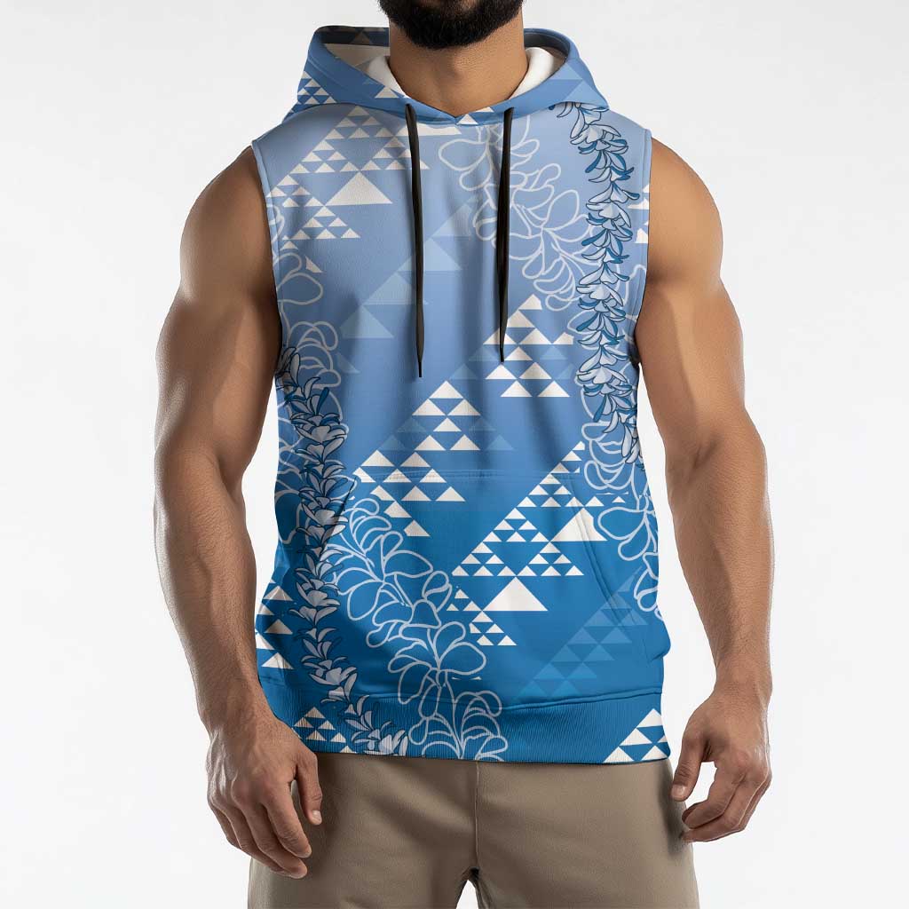 Hawaii Royal Blue Kapa Sleeveless Hoodie Vintage 'Ohe Kāpala Motifs Mix Plumeria Leis