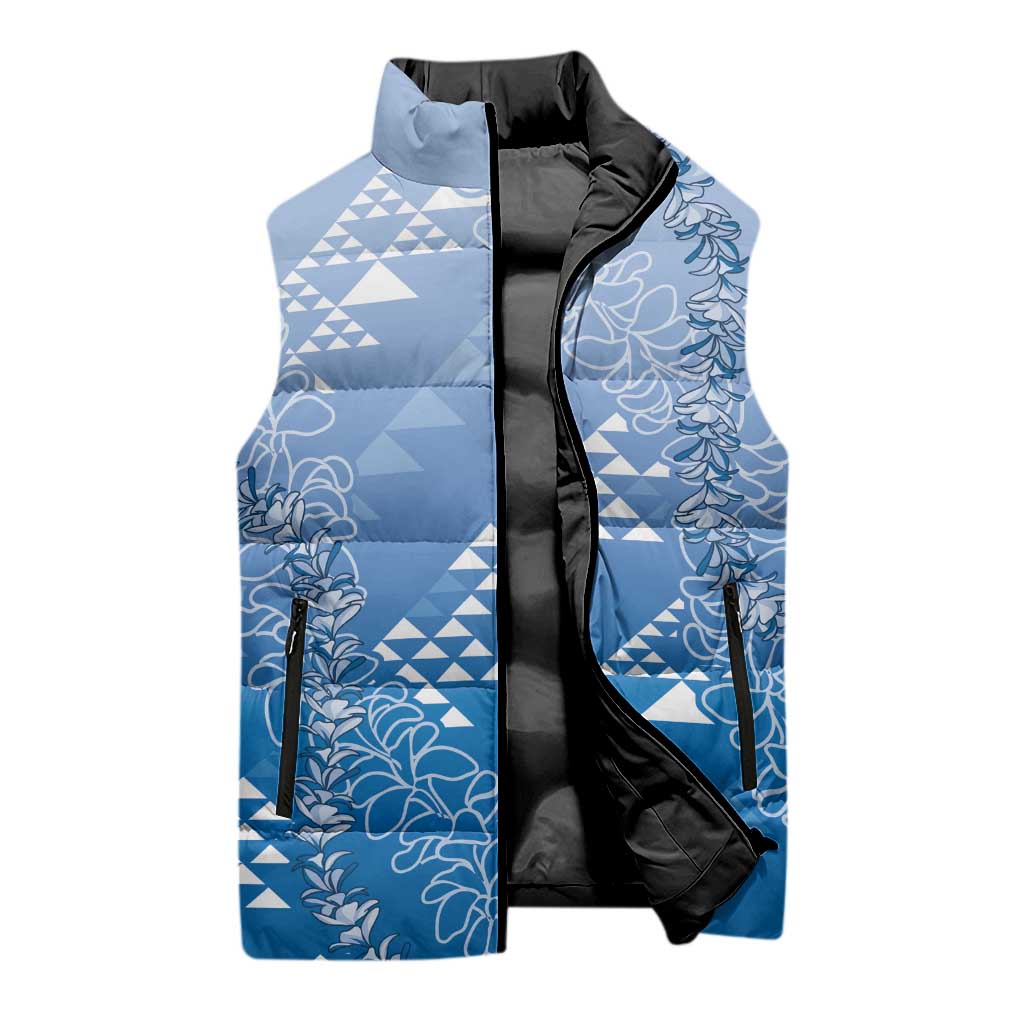 Hawaii Royal Blue Kapa Sleeveless Puffer Jacket Vintage 'Ohe Kāpala Motifs Mix Plumeria Leis LT7 - Polynesian Pride