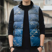Hawaii Royal Blue Kapa Sleeveless Puffer Jacket Vintage 'Ohe Kāpala Motifs Mix Plumeria Leis LT7 - Polynesian Pride