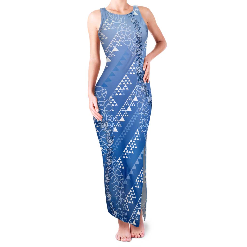 Hawaii Royal Blue Kapa Tank Maxi Dress Vintage 'Ohe Kāpala Motifs Mix Plumeria Leis