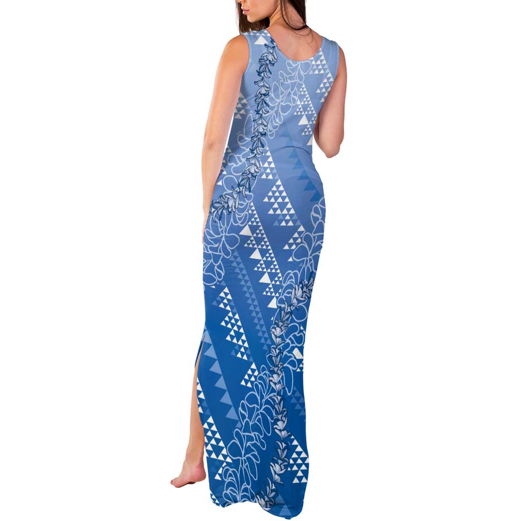 Hawaii Royal Blue Kapa Tank Maxi Dress Vintage 'Ohe Kāpala Motifs Mix Plumeria Leis