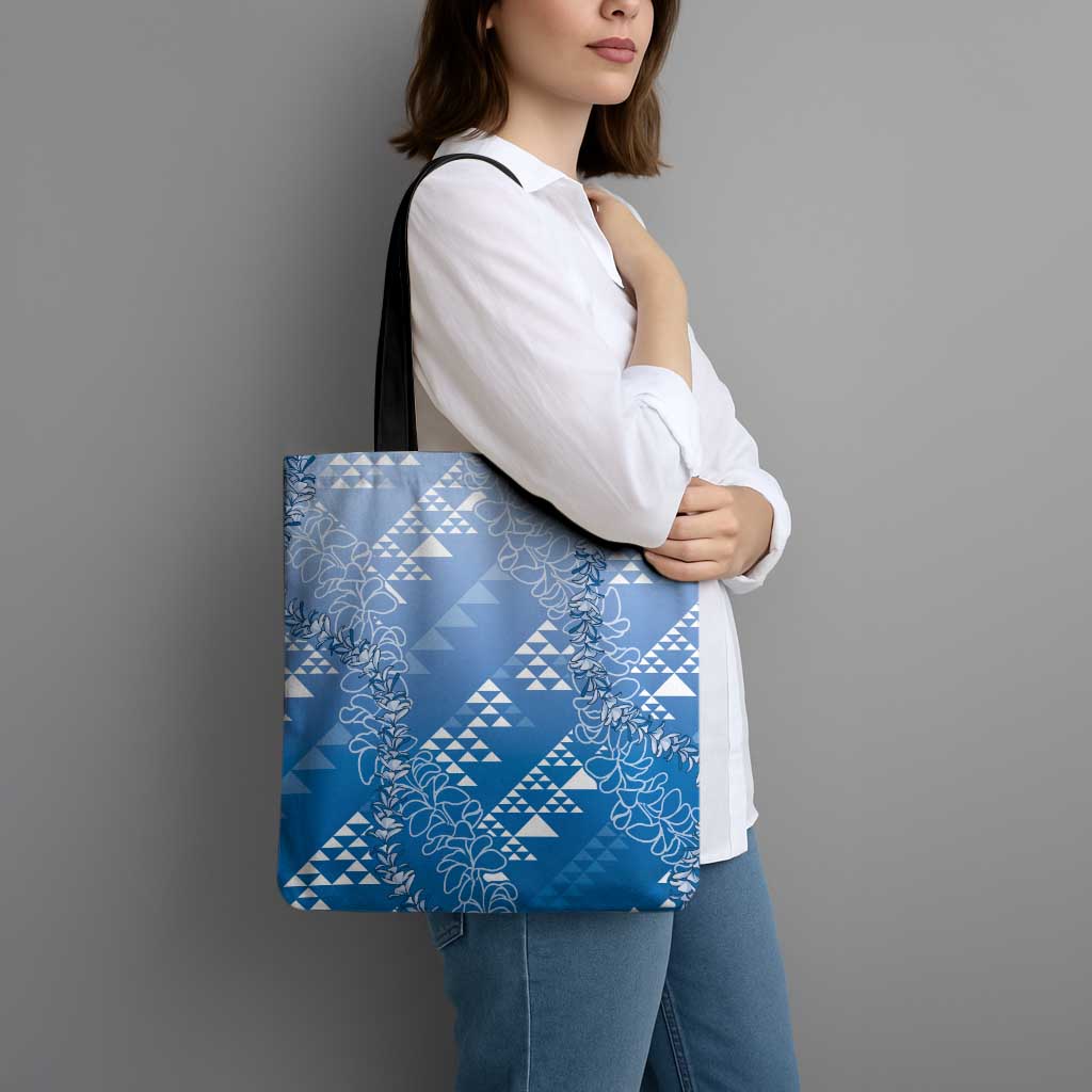 Hawaii Royal Blue Kapa Tote Bag Vintage 'Ohe Kāpala Motifs Mix Plumeria Leis