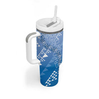 Hawaii Royal Blue Kapa Tumbler With Handle Vintage 'Ohe Kāpala Motifs Mix Plumeria Leis