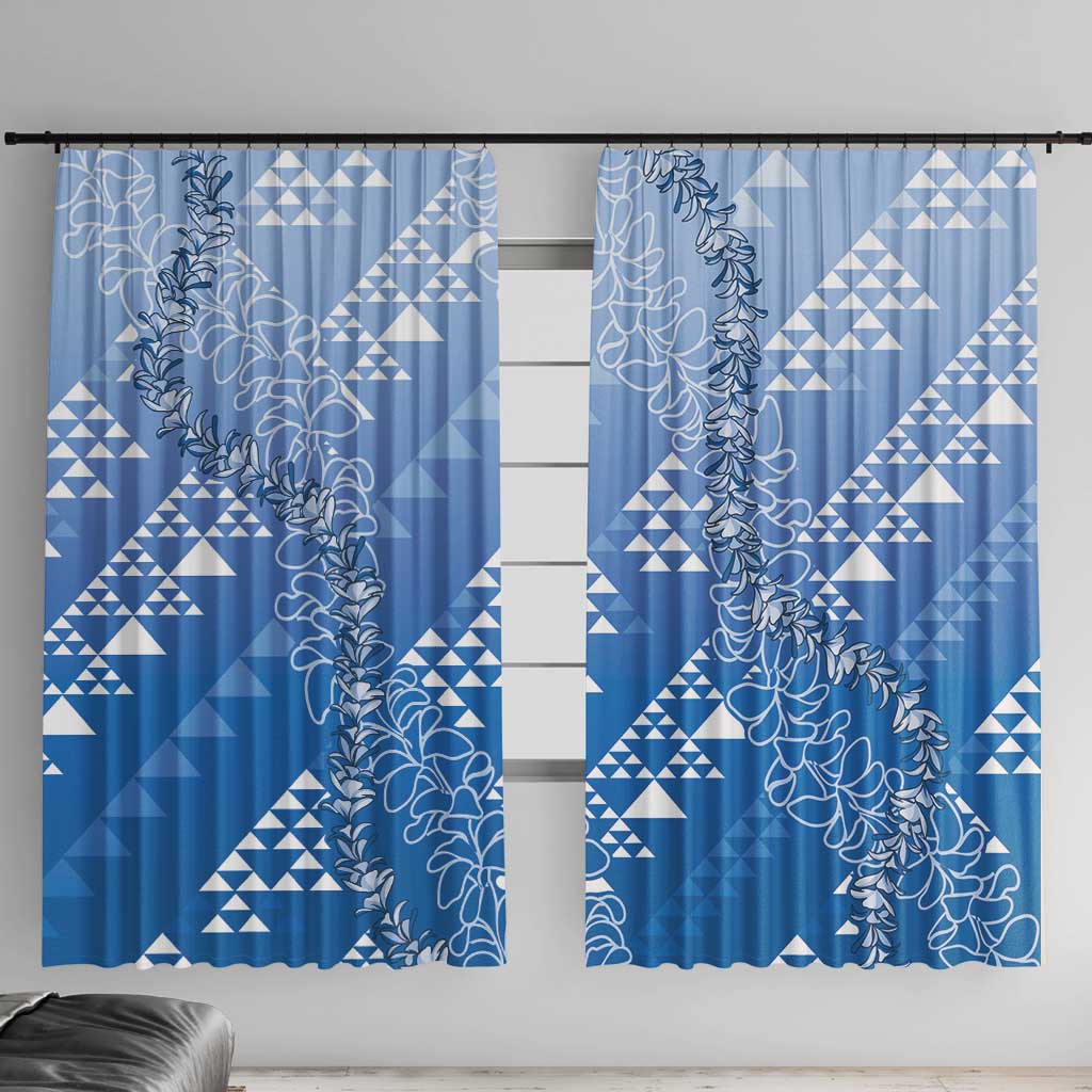 Hawaii Royal Blue Kapa Window Curtain Vintage 'Ohe Kāpala Motifs Mix Plumeria Leis