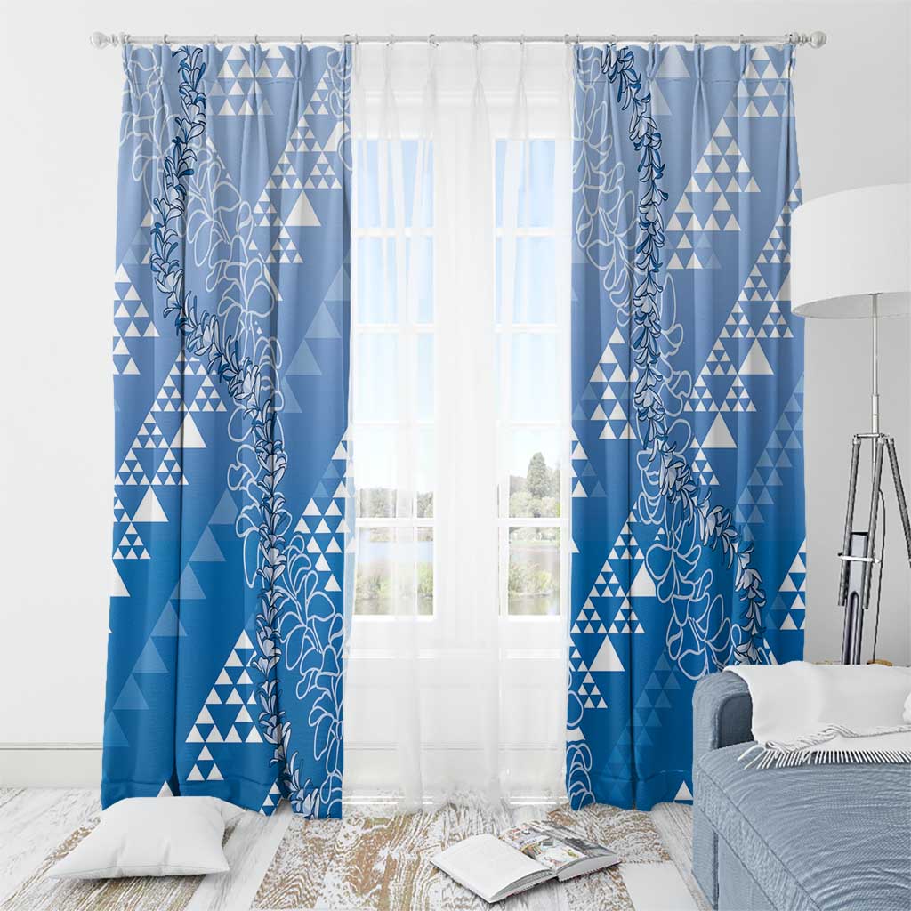 Hawaii Royal Blue Kapa Window Curtain Vintage 'Ohe Kāpala Motifs Mix Plumeria Leis