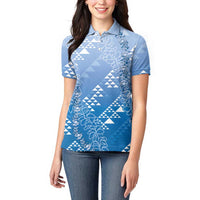 Hawaii Royal Blue Kapa Women Polo Shirt Vintage 'Ohe Kāpala Motifs Mix Plumeria Leis