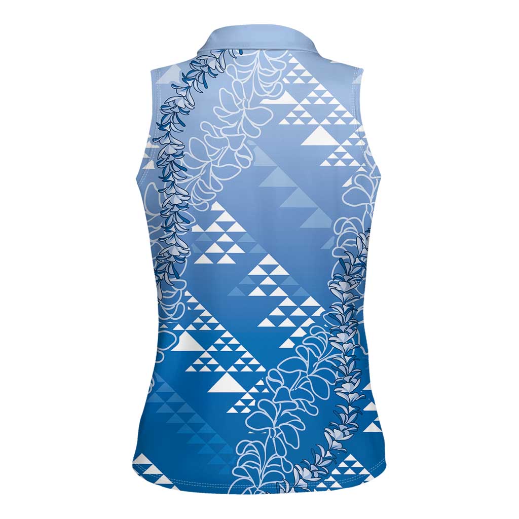 Hawaii Royal Blue Kapa Women Sleeveless Polo Shirt Vintage 'Ohe Kāpala Motifs Mix Plumeria Leis