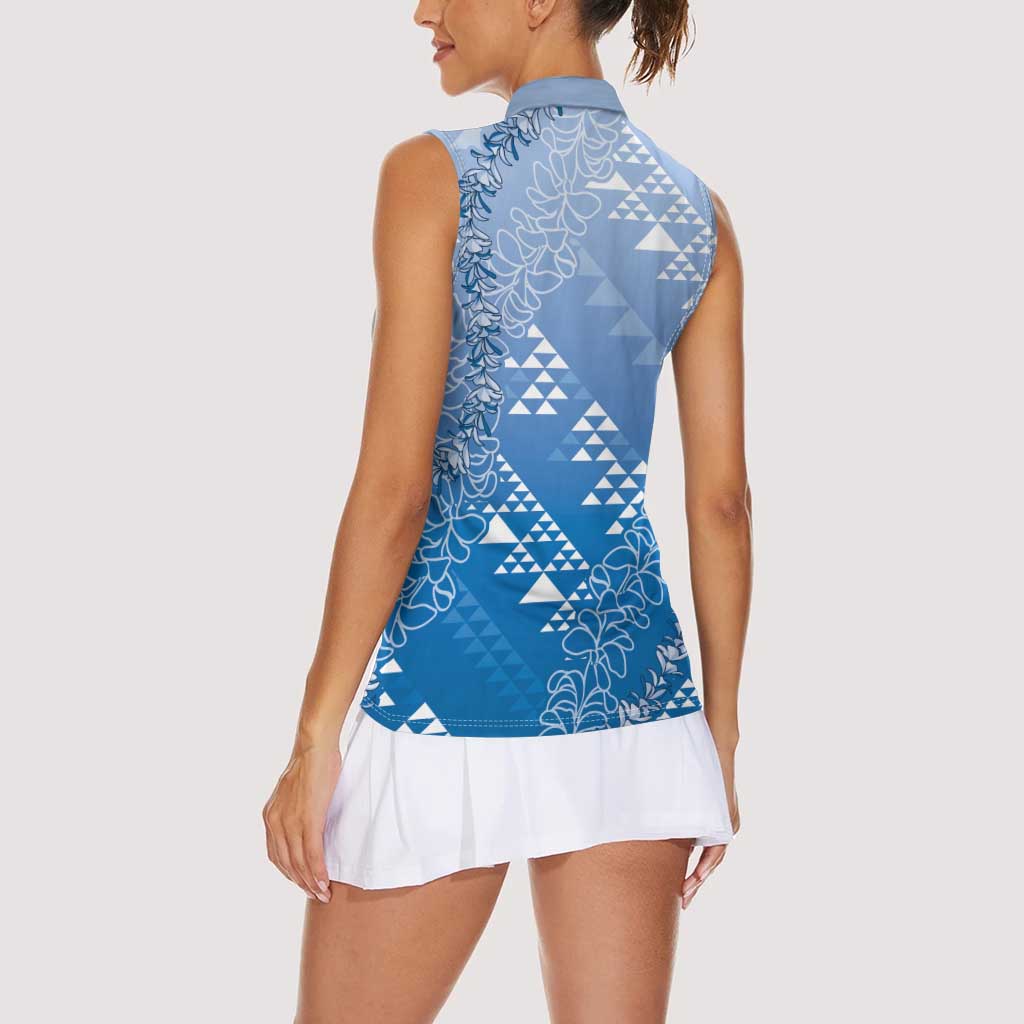 Hawaii Royal Blue Kapa Women Sleeveless Polo Shirt Vintage 'Ohe Kāpala Motifs Mix Plumeria Leis