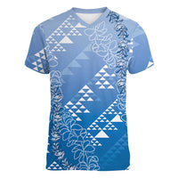 Hawaii Royal Blue Kapa Women V-Neck T-Shirt Vintage 'Ohe Kāpala Motifs Mix Plumeria Leis