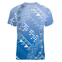 Hawaii Royal Blue Kapa Women V-Neck T-Shirt Vintage 'Ohe Kāpala Motifs Mix Plumeria Leis