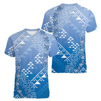 Hawaii Royal Blue Kapa Women V-Neck T-Shirt Vintage 'Ohe Kāpala Motifs Mix Plumeria Leis