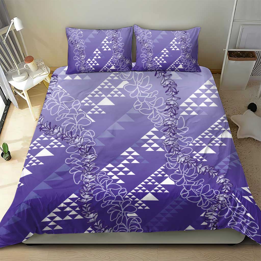 Hawaii Lavender Kapa Bedding Set Vintage 'Ohe Kāpala Motifs Mix Plumeria Leis LT7 - Polynesian Pride