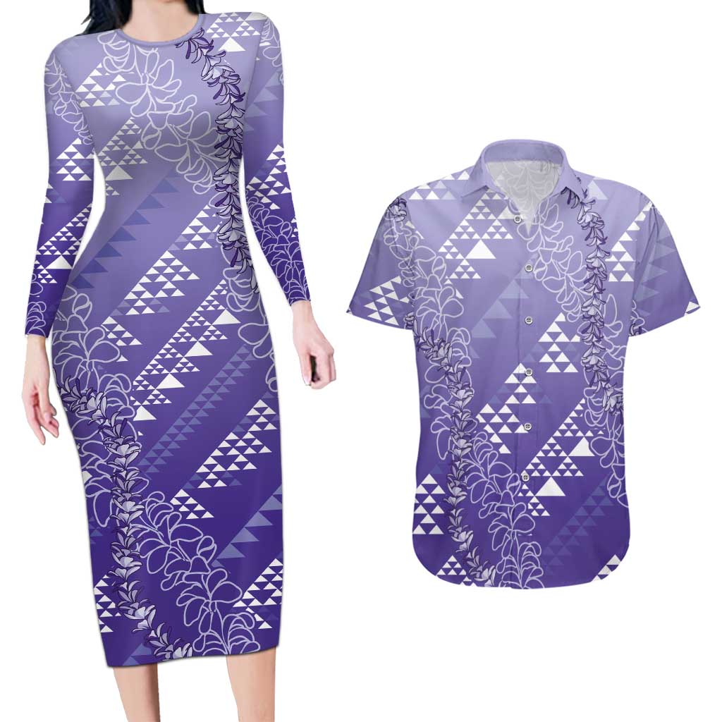 Hawaii Lavender Kapa Couples Matching Long Sleeve Bodycon Dress and Hawaiian Shirt Vintage 'Ohe Kāpala Motifs Mix Plumeria Leis