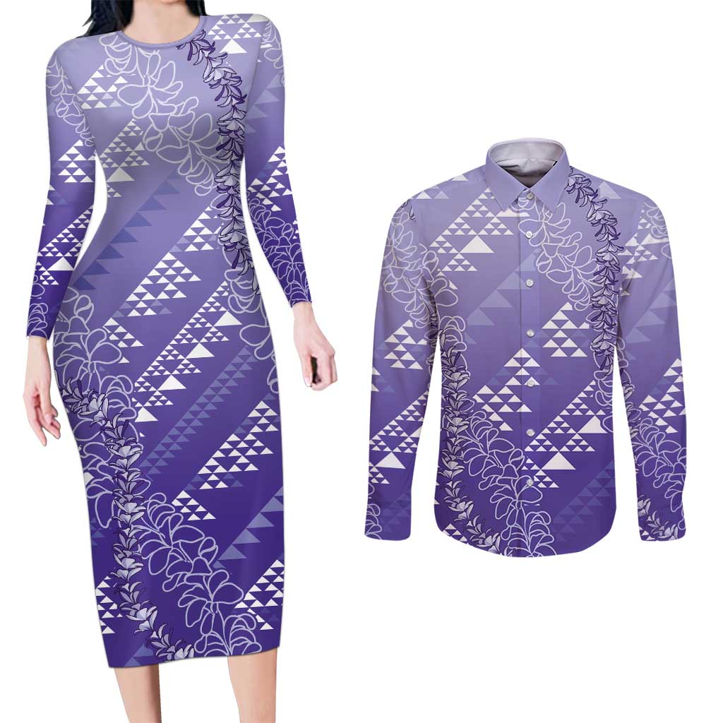 Hawaii Lavender Kapa Couples Matching Long Sleeve Bodycon Dress and Long Sleeve Button Shirt Vintage 'Ohe Kāpala Motifs Mix Plumeria Leis