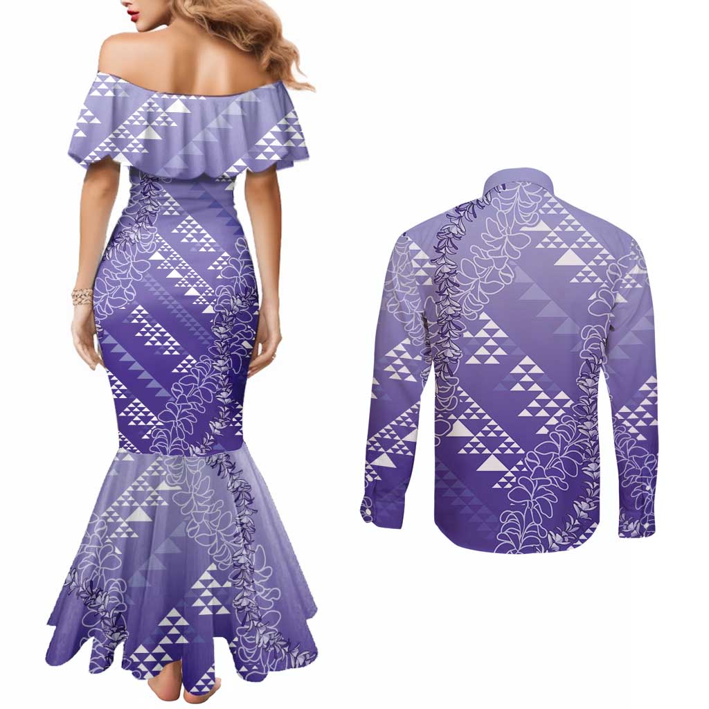 Hawaii Lavender Kapa Couples Matching Mermaid Dress and Long Sleeve Button Shirt Vintage 'Ohe Kāpala Motifs Mix Plumeria Leis