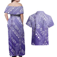 Hawaii Lavender Kapa Couples Matching Off Shoulder Maxi Dress and Hawaiian Shirt Vintage 'Ohe Kāpala Motifs Mix Plumeria Leis