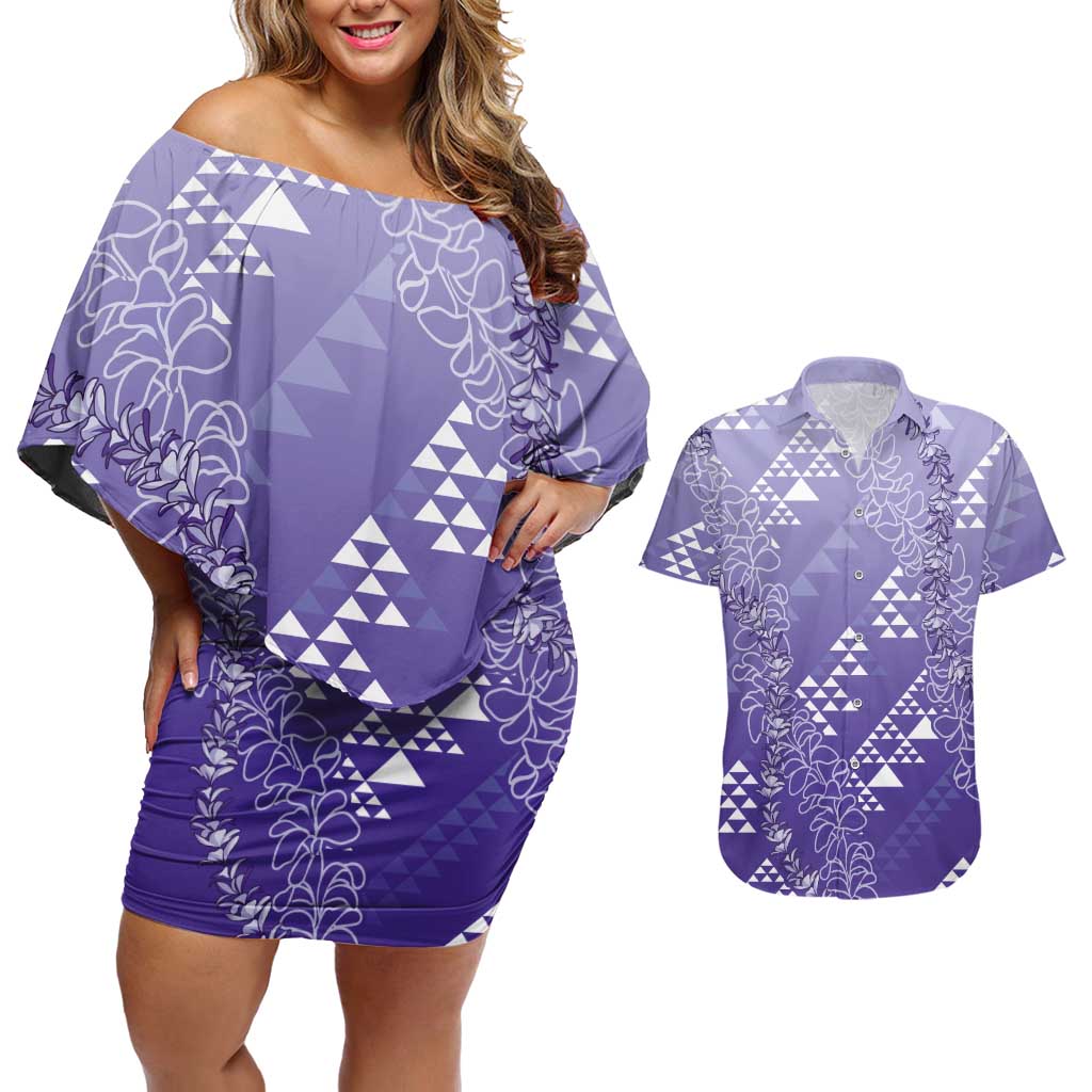 Hawaii Lavender Kapa Couples Matching Off Shoulder Short Dress and Hawaiian Shirt Vintage 'Ohe Kāpala Motifs Mix Plumeria Leis