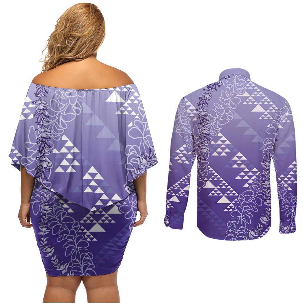 Hawaii Lavender Kapa Couples Matching Off Shoulder Short Dress and Long Sleeve Button Shirt Vintage 'Ohe Kāpala Motifs Mix Plumeria Leis