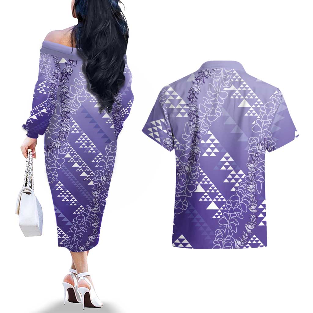 Hawaii Lavender Kapa Couples Matching Off The Shoulder Long Sleeve Dress and Hawaiian Shirt Vintage 'Ohe Kāpala Motifs Mix Plumeria Leis