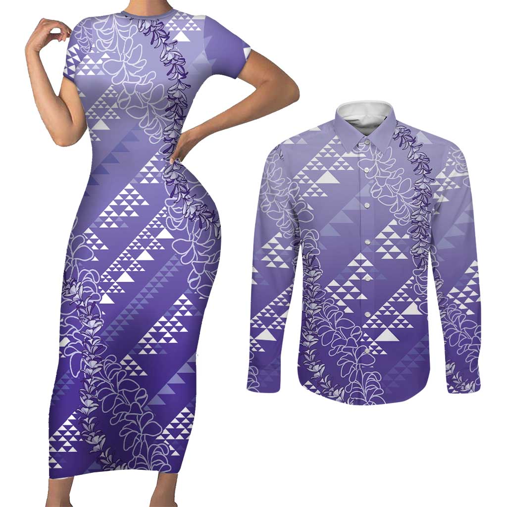 Hawaii Lavender Kapa Couples Matching Short Sleeve Bodycon Dress and Long Sleeve Button Shirt Vintage 'Ohe Kāpala Motifs Mix Plumeria Leis
