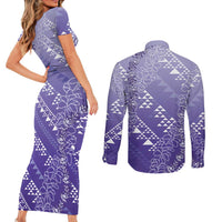 Hawaii Lavender Kapa Couples Matching Short Sleeve Bodycon Dress and Long Sleeve Button Shirt Vintage 'Ohe Kāpala Motifs Mix Plumeria Leis